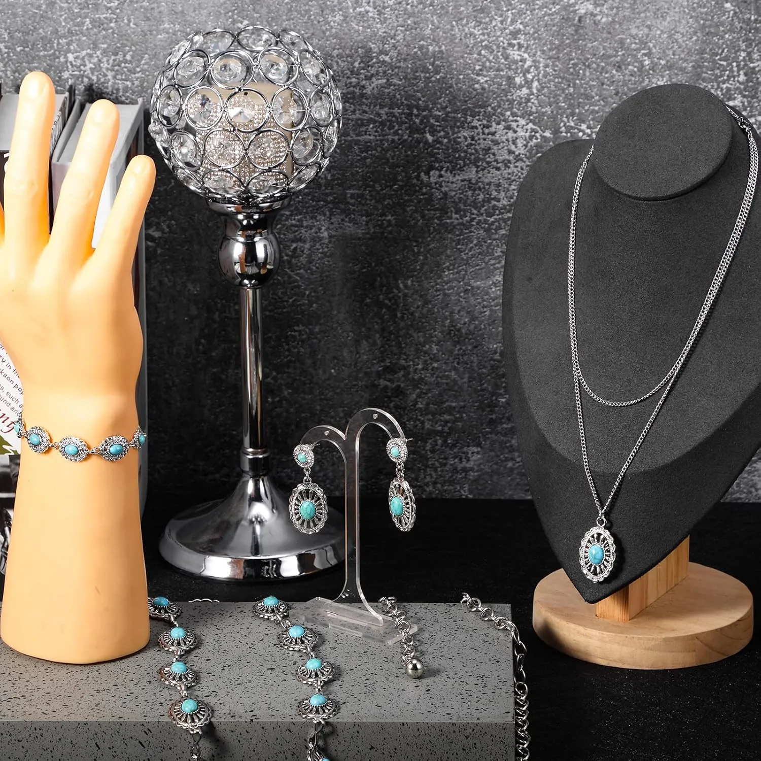 Haysandy 4 Pcs Women Bohemian Turquoise Jewelry Set Vintage Necklace Classic Dangle Earrings Bracelet Western Adjustable Belt