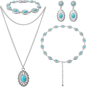 Haysandy 4 Pcs Women Bohemian Turquoise Jewelry Set Vintage Necklace Classic Dangle Earrings Bracelet Western Adjustable Belt