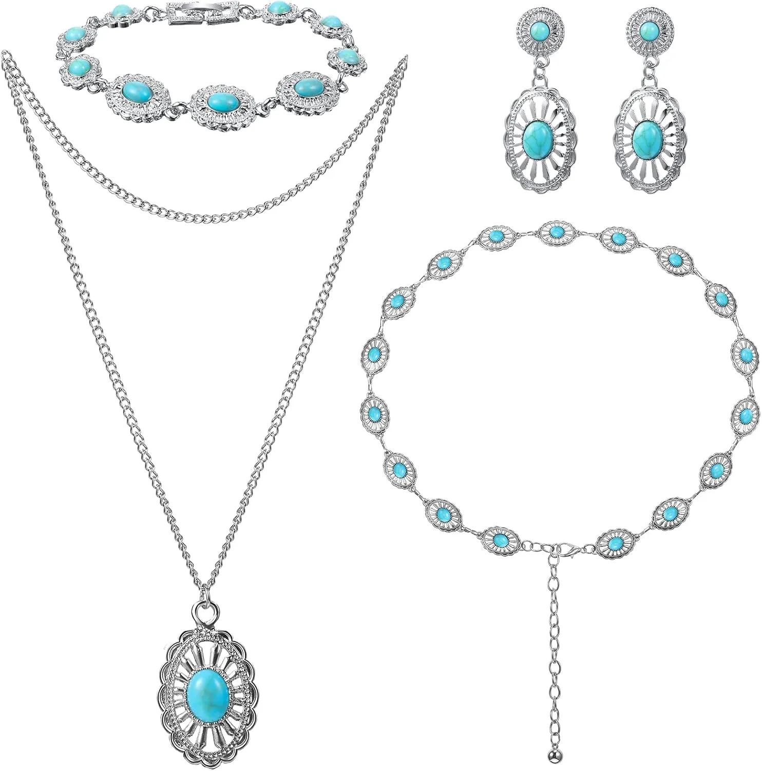 Haysandy 4 Pcs Women Bohemian Turquoise Jewelry Set Vintage Necklace Classic Dangle Earrings Bracelet Western Adjustable Belt