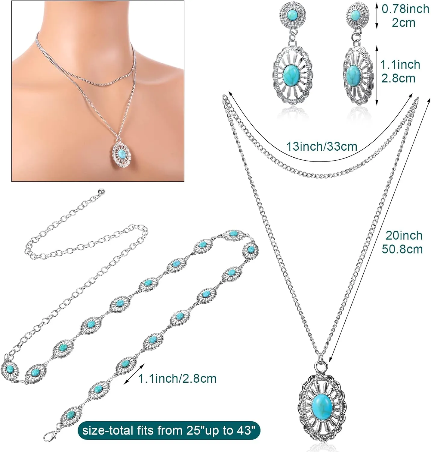 Haysandy 4 Pcs Women Bohemian Turquoise Jewelry Set Vintage Necklace Classic Dangle Earrings Bracelet Western Adjustable Belt