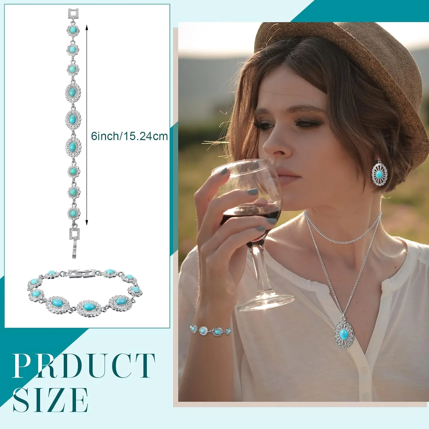 Haysandy 4 Pcs Women Bohemian Turquoise Jewelry Set Vintage Necklace Classic Dangle Earrings Bracelet Western Adjustable Belt