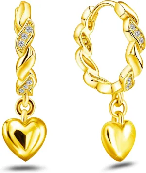 Heart Dangle Hoop Earrings for Women 14K Gold Plated Sterling Silver CZ Heart Earrings Sparkling Cubic Zirconia Huggie Earrings Crystal Highly Polished Charm Dainty Jewelry Gifts for Daughter Birthday