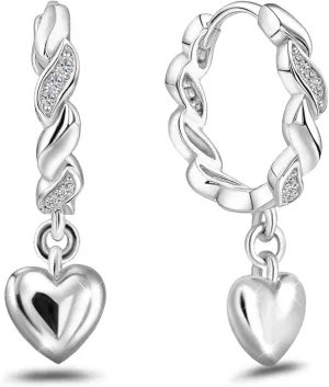 Heart Dangle Hoop Earrings for Women White Gold Plated Sterling Silver CZ Heart Earrings Sparkling Cubic Zirconia Huggie Earrings Crystal Highly Polished Dainty Jewelry Gifts for Daughter Birthday