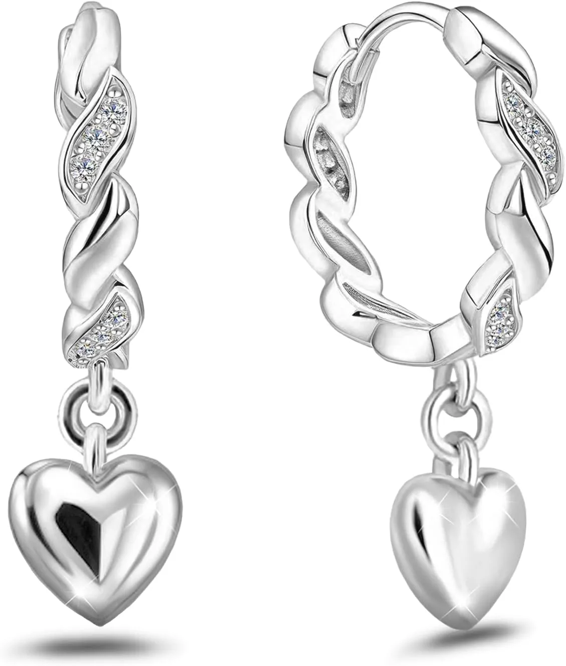 Heart Dangle Hoop Earrings for Women White Gold Plated Sterling Silver CZ Heart Earrings Sparkling Cubic Zirconia Huggie Earrings Crystal Highly Polished Dainty Jewelry Gifts for Daughter Birthday