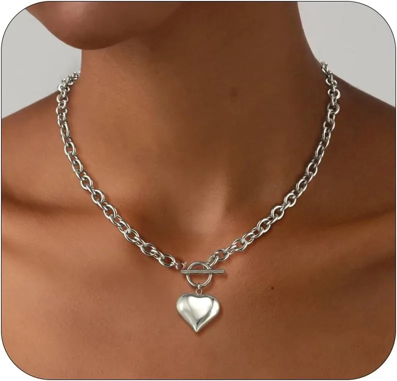 Heart Necklace for Women, Chunky Gold Necklace Trendy 14k Gold/Silver Plated Pendant Charm Toggle Clasp Gold Necklace Statement Thick Chain Link Necklace Gold Jewelry for Women