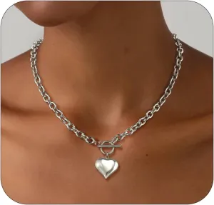 Heart Necklace for Women, Chunky Gold Necklace Trendy 14k Gold/Silver Plated Pendant Charm Toggle Clasp Gold Necklace Statement Thick Chain Link Necklace Gold Jewelry for Women