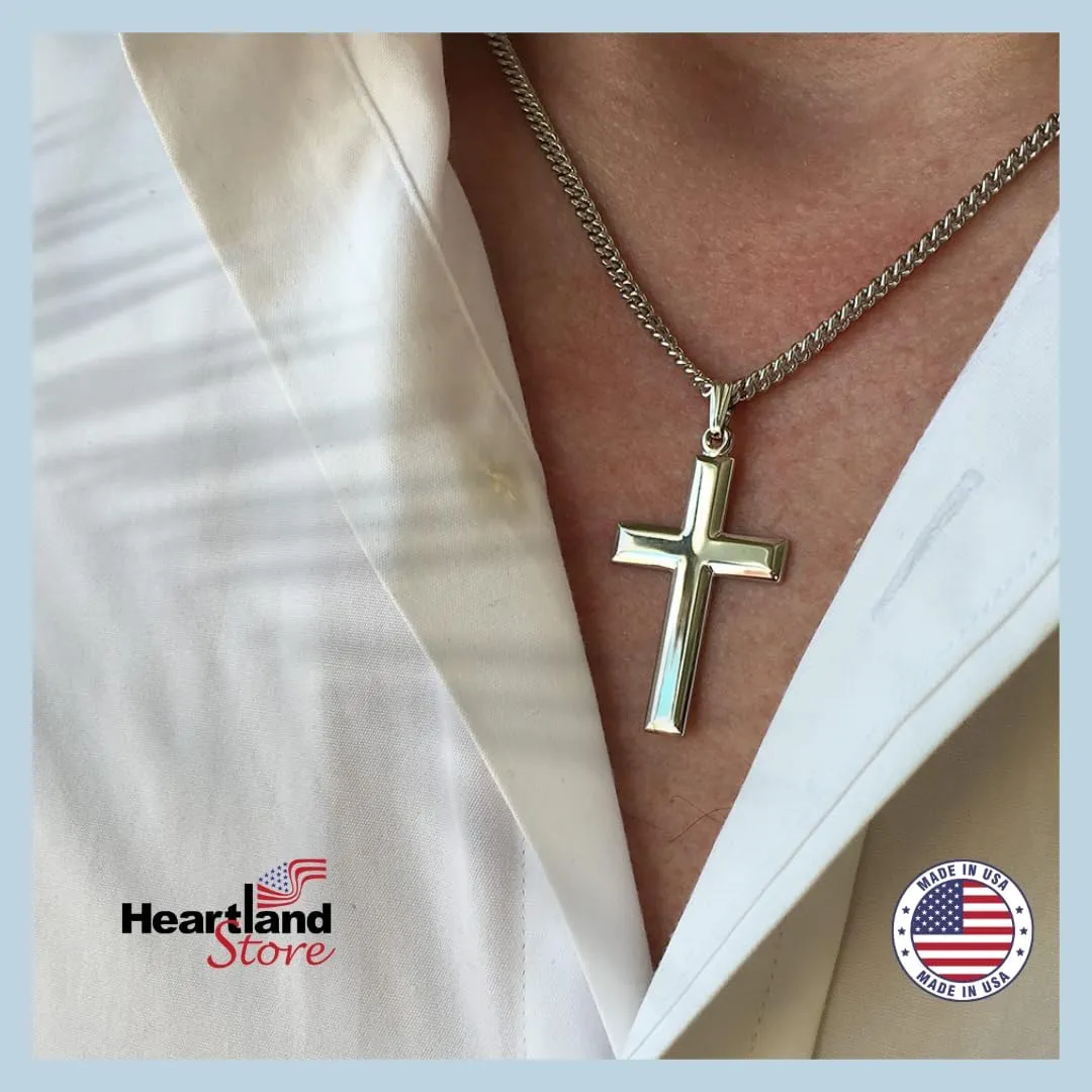 Heartland Store Sterling Silver Men's Cross Necklace - Made in USA, High Polish Pendant for Daily Wear and Meaningful Religious Present for Holidays and Special Occasions with Various Chain Sizes