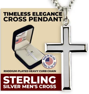 Heartland Store Sterling Silver Men's Cross Necklace - Made in USA, High Polish Pendant for Daily Wear and Meaningful Religious Present for Holidays and Special Occasions with Various Chain Sizes
