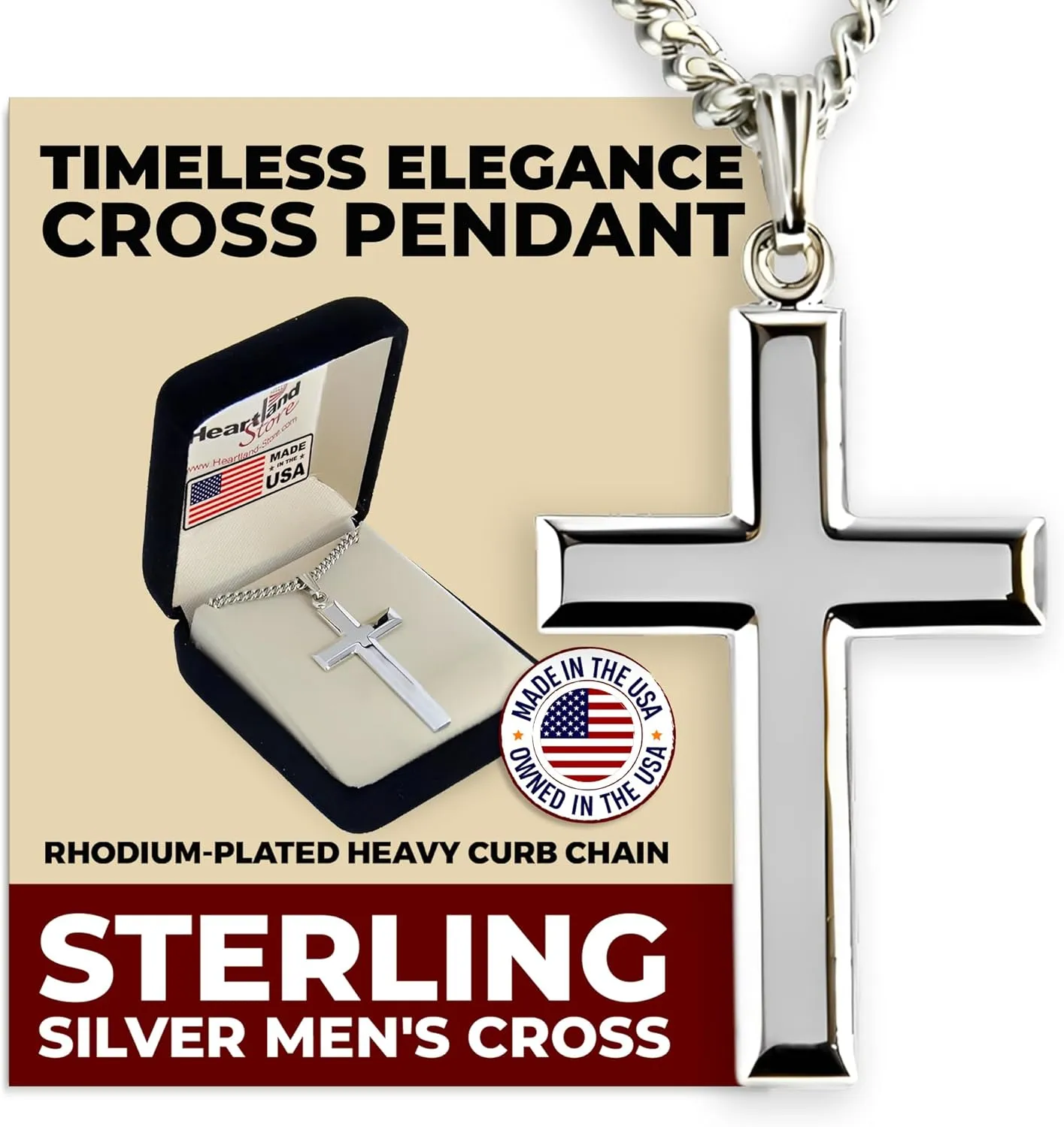 Heartland Store Sterling Silver Men's Cross Necklace - Made in USA, High Polish Pendant for Daily Wear and Meaningful Religious Present for Holidays and Special Occasions with Various Chain Sizes