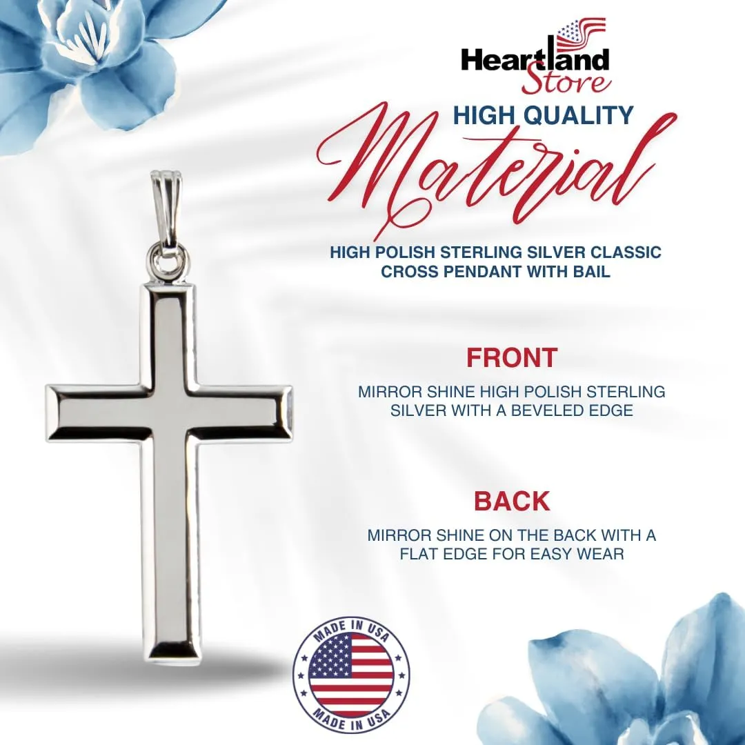 Heartland Store Sterling Silver Men's Cross Necklace - Made in USA, High Polish Pendant for Daily Wear and Meaningful Religious Present for Holidays and Special Occasions with Various Chain Sizes