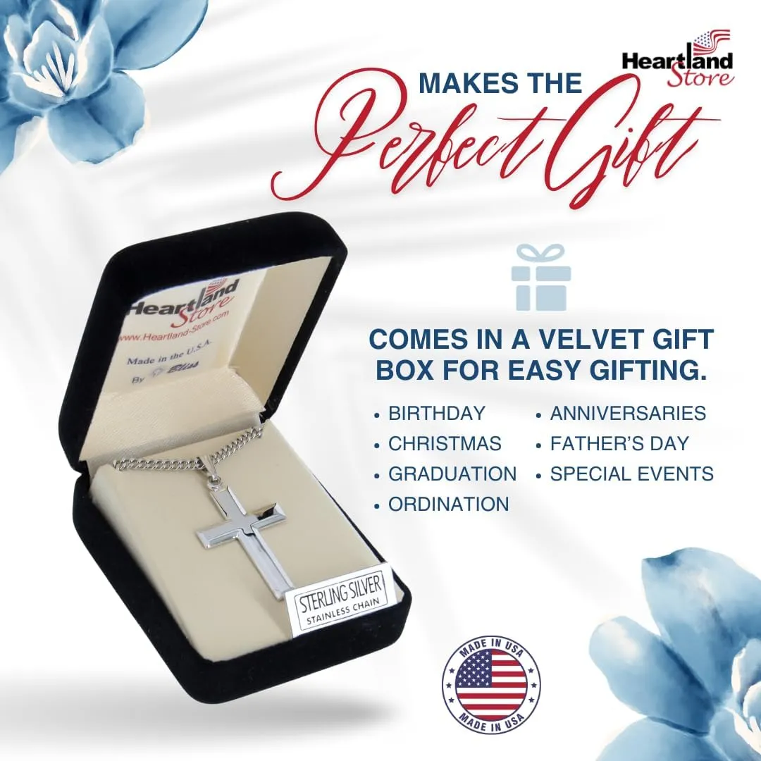 Heartland Store Sterling Silver Men's Cross Necklace - Made in USA, High Polish Pendant for Daily Wear and Meaningful Religious Present for Holidays and Special Occasions with Various Chain Sizes