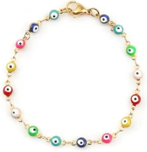 Heyiwell Gold Plated Stainless Steel Multicolor Evil Eye Summer Beach Anklet Bracelet Jewelry for Women long 18.7cm