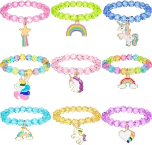 Hicarer 9 Pcs Unicorn Girls Bracelets for Toddler Girls Rainbow Bracelets Princess Colorful Cute Beaded Jewelry for Friendship Gift Goodie Bag Stuffers Fillers Birthday Party Favors(Crystal Style)