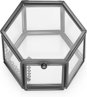 Hipiwe Vintage Glass Jewelry Box - Black Hexagonal Jewelry Display Organizer Keepsake Box Home Decorative Box Case for Trinket Ring Earring Chest, Small