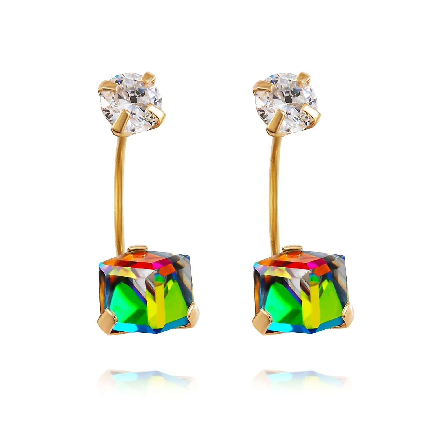 Hoberta14K Real Yellow Gold CZ Disco Cube Stud Earrings for Women and Girls - for Sensitive Ears, Small & Minimalist Studs Jewelry for mother's dayGifts (Cube)