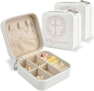 Holy Communion Travel Jewelry Box, First Communion Gifts Jewelry Case for Women, Religious 1st Holy Communion Baptism Gift Small Square Container with Zipper for Rings Earrings Necklaces, White (2)