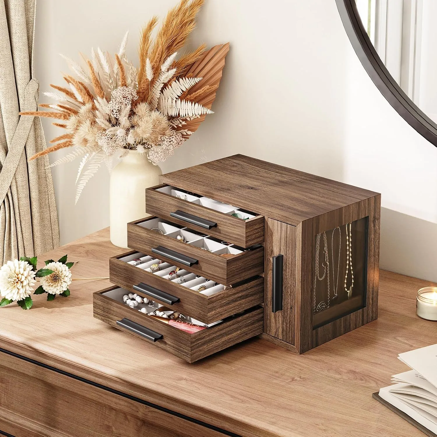 HOOBRO Jewelry Box for Women, Wooden Jewelry Organizer with Transparent Window, 4-Layer Jewelry Organizer Box, Jewelry Holder Organizer for Earrings, Necklaces, Rings, Walnut and Black BH09JB04