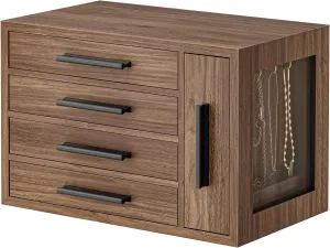 HOOBRO Jewelry Box for Women, Wooden Jewelry Organizer with Transparent Window, 4-Layer Jewelry Organizer Box, Jewelry Holder Organizer for Earrings, Necklaces, Rings, Walnut and Black BH09JB04