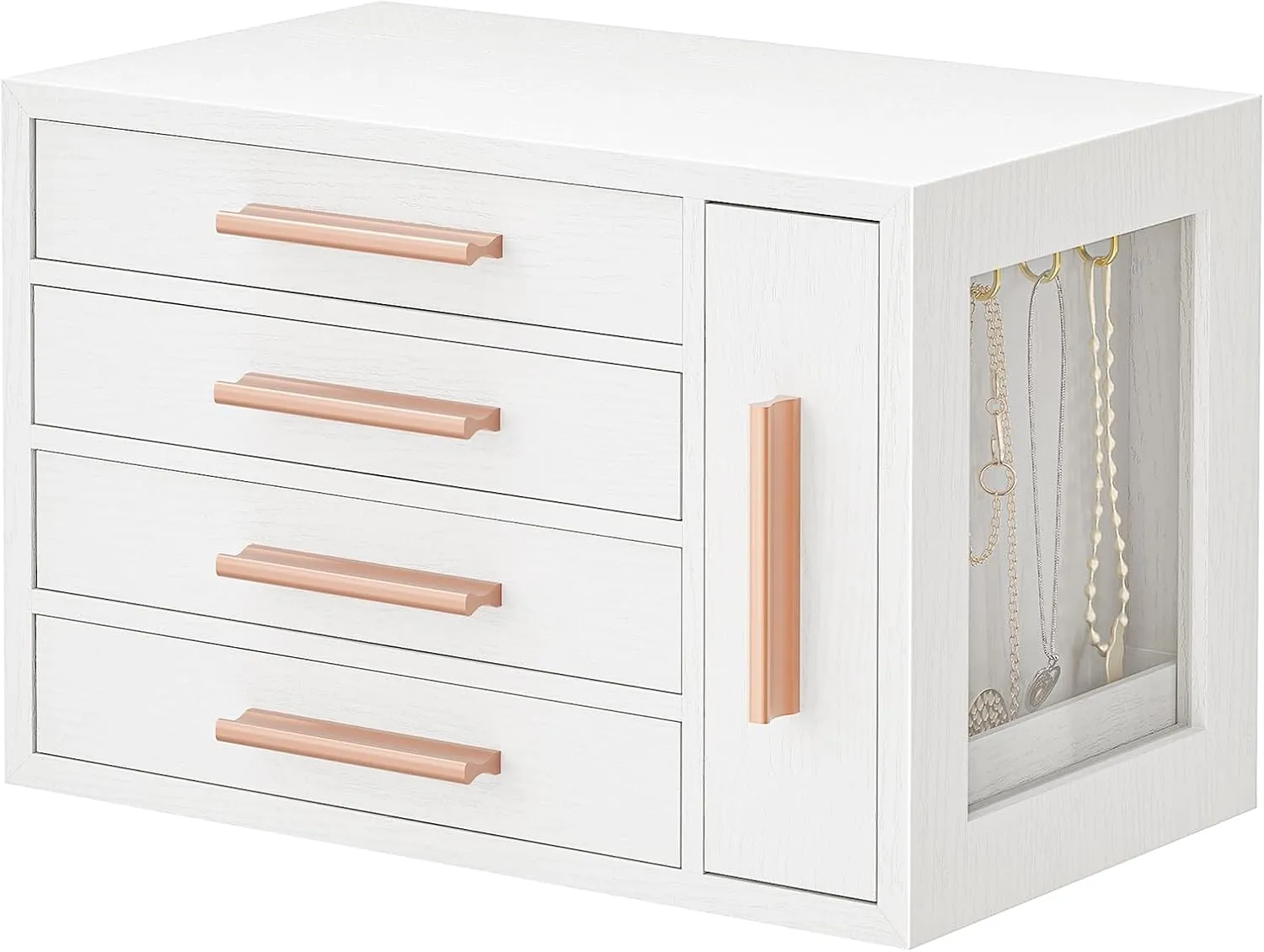 HOOBRO Jewelry Box for Women, Wooden Jewelry Organizer with Transparent Window, 4-Layer Jewelry Organizer Box, Jewelry Holder Organizer for Earrings, Necklaces, Rings, White and Gold WD09JB04