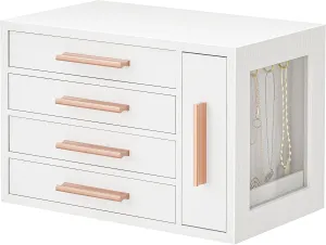 HOOBRO Jewelry Box for Women, Wooden Jewelry Organizer with Transparent Window, 4-Layer Jewelry Organizer Box, Jewelry Holder Organizer for Earrings, Necklaces, Rings, White and Gold WD09JB04