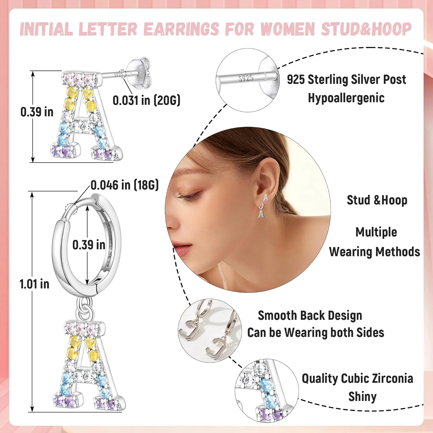 Hypoallergenic Earrings for Women Girls Sterling Silver 925-Littel Cute Kids Stud Hoop Initial Letter Dangle Earring Jewelry Present