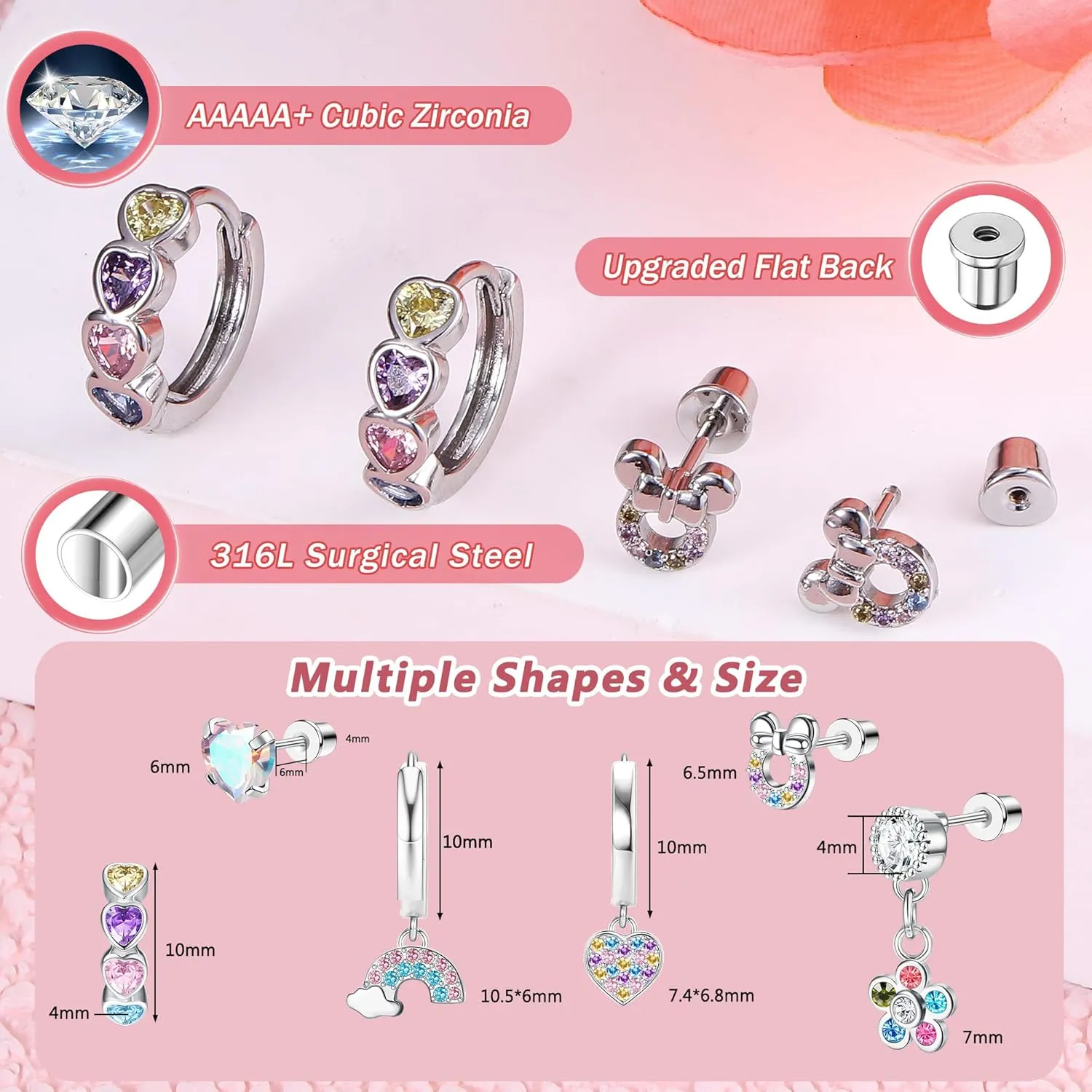 Hypoallergenic Screw Back Earrings for Girls - 316L Surgical Steel Stud Huggie Hoop Earrings for Sensitive Ears Cute Heart Butterfly Dangle Earrings Set for Women Multicolored 20G