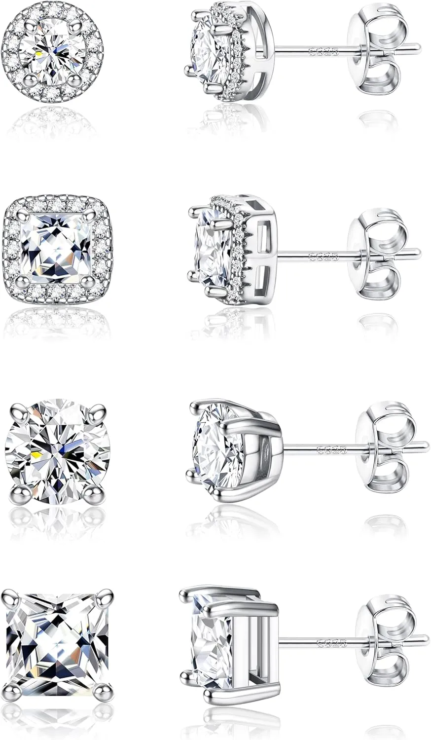 Hypoallergenic Stud Earrings for Women Men - 925 Sterling Silver Earrings for Sensitive Ears - 6/8/10mm Cubic Zirconia Earrings Studs-18K Gold Plated Simulated Diamond CZ Halo Earrings 2/4Pairs