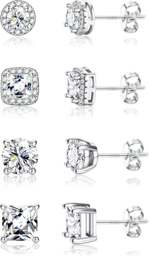 Hypoallergenic Stud Earrings for Women Men - 925 Sterling Silver Earrings for Sensitive Ears - 6/8/10mm Cubic Zirconia Earrings Studs-18K Gold Plated Simulated Diamond CZ Halo Earrings 2/4Pairs