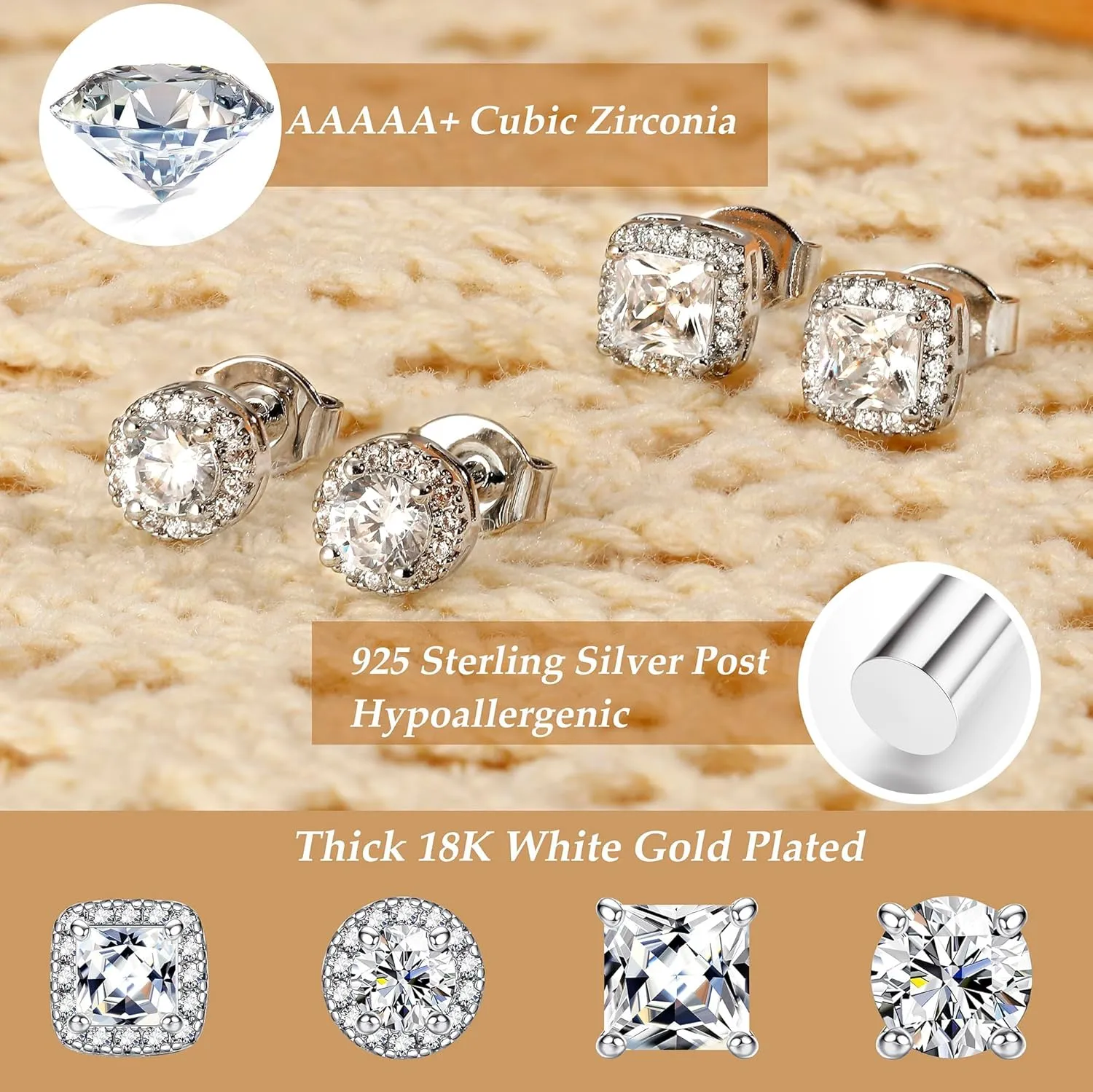 Hypoallergenic Stud Earrings for Women Men - 925 Sterling Silver Earrings for Sensitive Ears - 6/8/10mm Cubic Zirconia Earrings Studs-18K Gold Plated Simulated Diamond CZ Halo Earrings 2/4Pairs