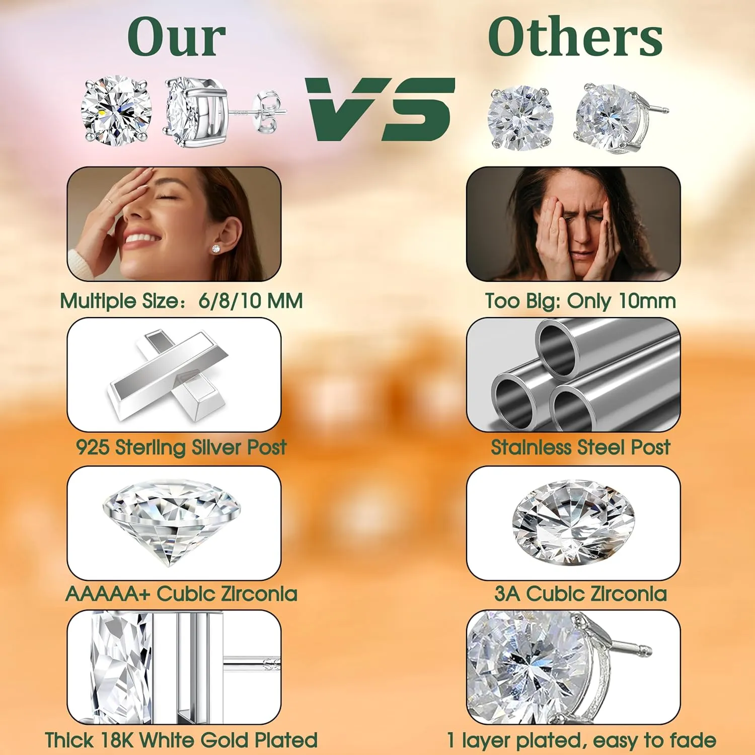 Hypoallergenic Stud Earrings for Women Men - 925 Sterling Silver Earrings for Sensitive Ears - 6/8/10mm Cubic Zirconia Earrings Studs-18K Gold Plated Simulated Diamond CZ Halo Earrings 2/4Pairs