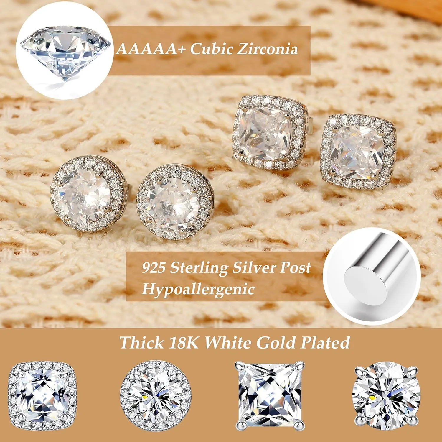Hypoallergenic Stud Earrings for Women Men - 925 Sterling Silver Earrings for Sensitive Ears - 6/8/10mm Cubic Zirconia Earrings Studs-18K Gold Plated Simulated Diamond CZ Halo Earrings 2/4Pairs