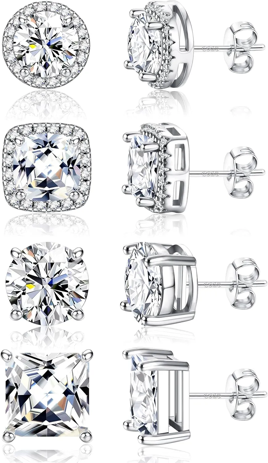 Hypoallergenic Stud Earrings for Women Men - 925 Sterling Silver Earrings for Sensitive Ears - 6/8/10mm Cubic Zirconia Earrings Studs-18K Gold Plated Simulated Diamond CZ Halo Earrings 2/4Pairs