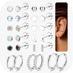 Hypoallergenic Surgical Steel Earrings for Sensitive Ears - Flat Back Stud Earrings for Women Men - Cubic Zirconia Opal Stud Hoop - 20G Flatback Cartilage Earring Sets for Multiple Piercing 13Pairs