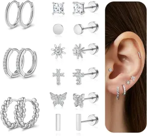 Hypoallergenic Surgical Steel Flat Back Earrings for Women Trendy 14K Gold Cartilage Earring Helix Conch Tragus Piercing Jewelry Earring Stacks Small Hoop Flatback Earrings Sets for Multiple Piercing