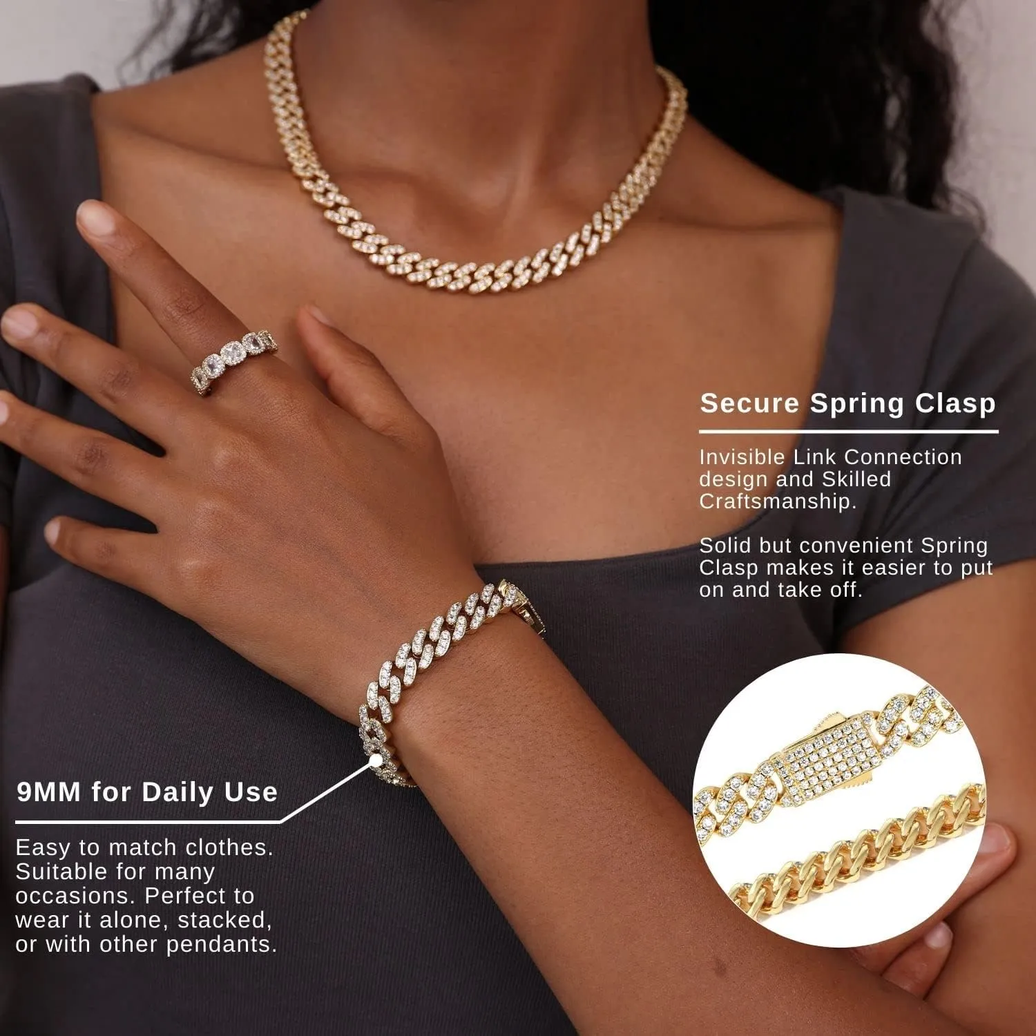 Iced Classic Spring Clasps 9mm Cuban Link Chain Necklace/Bracelet, Everlasting Shine 14k Gold/Silver Plated Diamond Choker, Prong-Setting 5A Cubic Zirconia Hip Hop Jewelry For Men Women with Gift Box