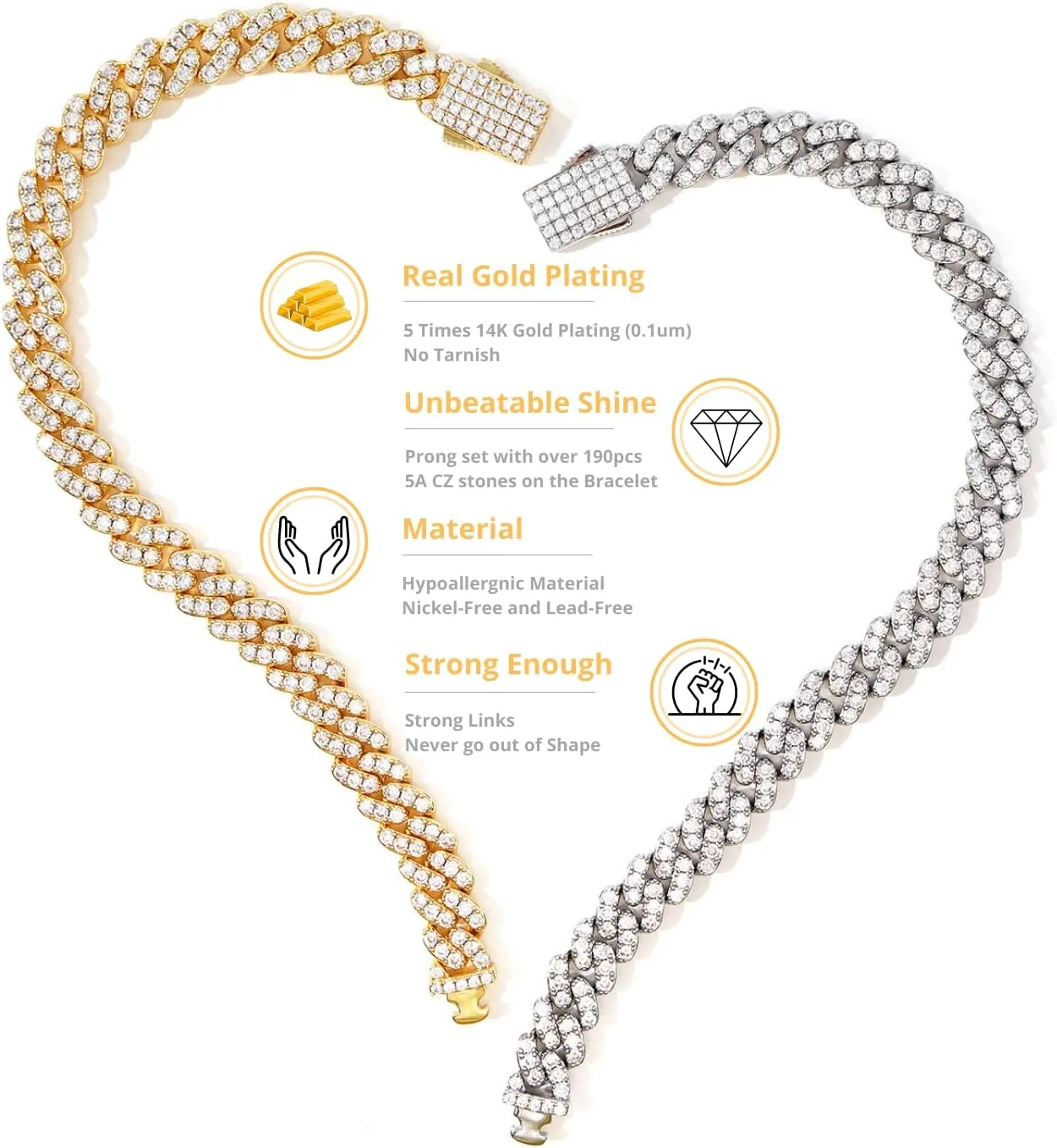 Iced Classic Spring Clasps 9mm Cuban Link Chain Necklace/Bracelet, Everlasting Shine 14k Gold/Silver Plated Diamond Choker, Prong-Setting 5A Cubic Zirconia Hip Hop Jewelry For Men Women with Gift Box