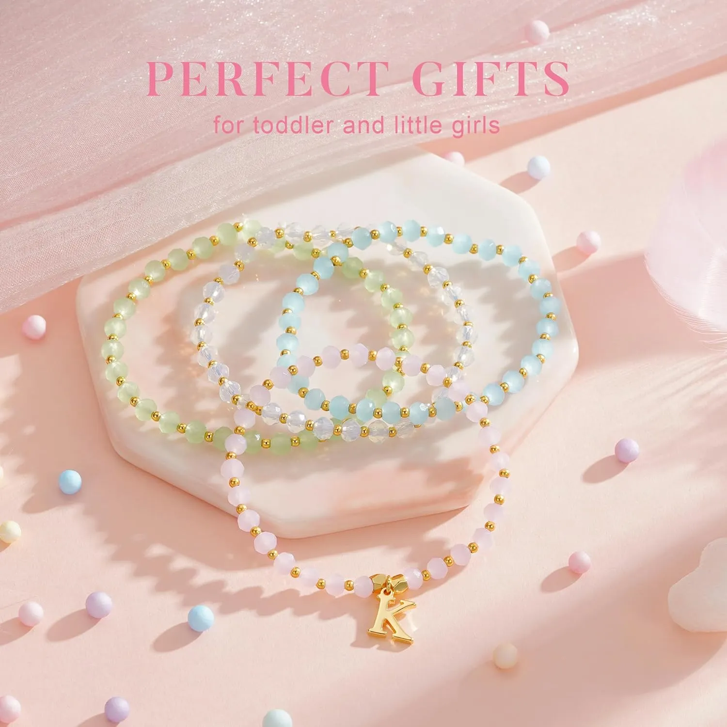 IEFWELL Initial Bracelets for Women - 4Pcs Crystle Bracelets Pink/Blue/White/Green Crystals Beaded Bracelet Dainty Small Jewelry, Colorful Letter A-Z Bracelet for Girls Teen Girls Kids Toddler
