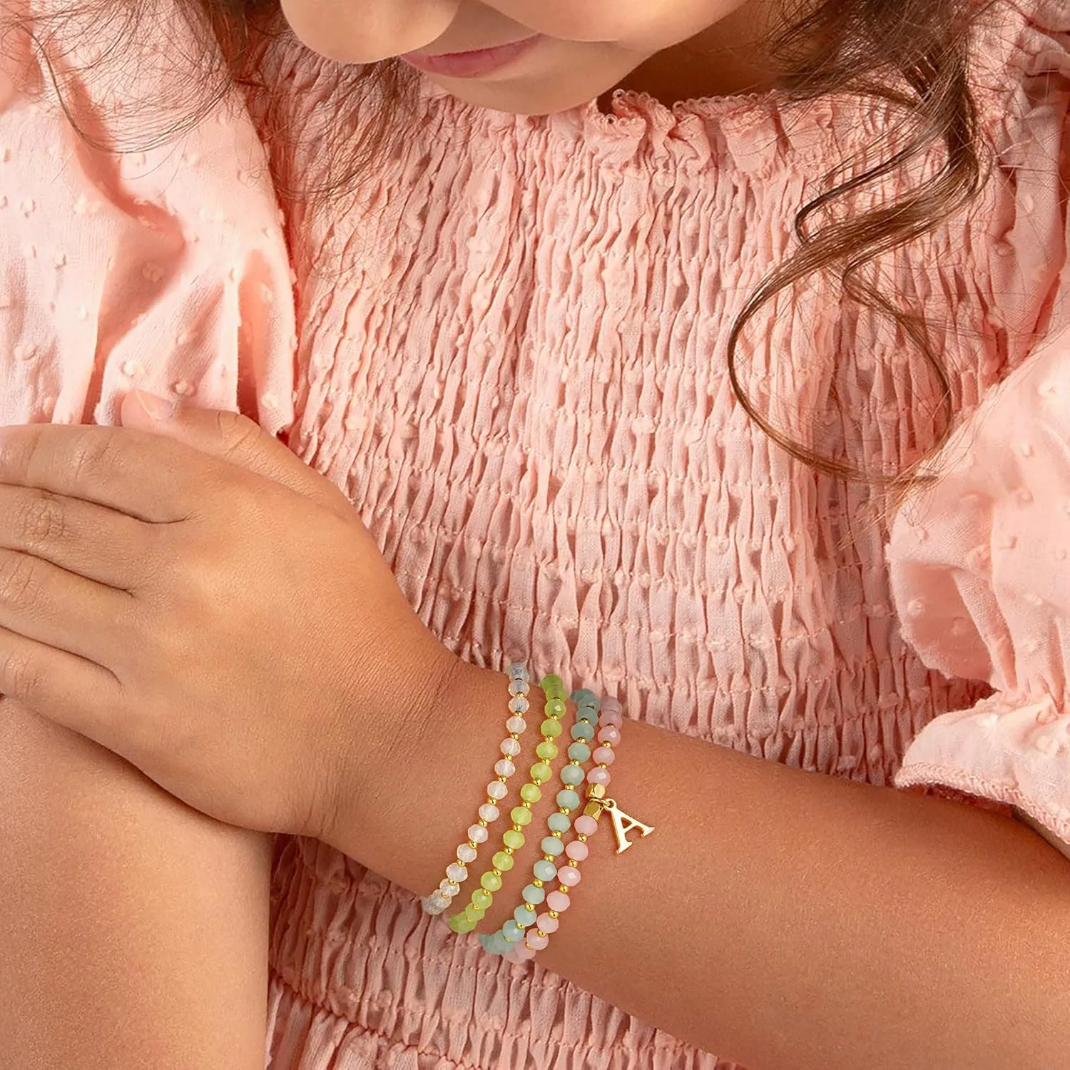IEFWELL Initial Bracelets for Women - 4Pcs Crystle Bracelets Pink/Blue/White/Green Crystals Beaded Bracelet Dainty Small Jewelry, Colorful Letter A-Z Bracelet for Girls Teen Girls Kids Toddler