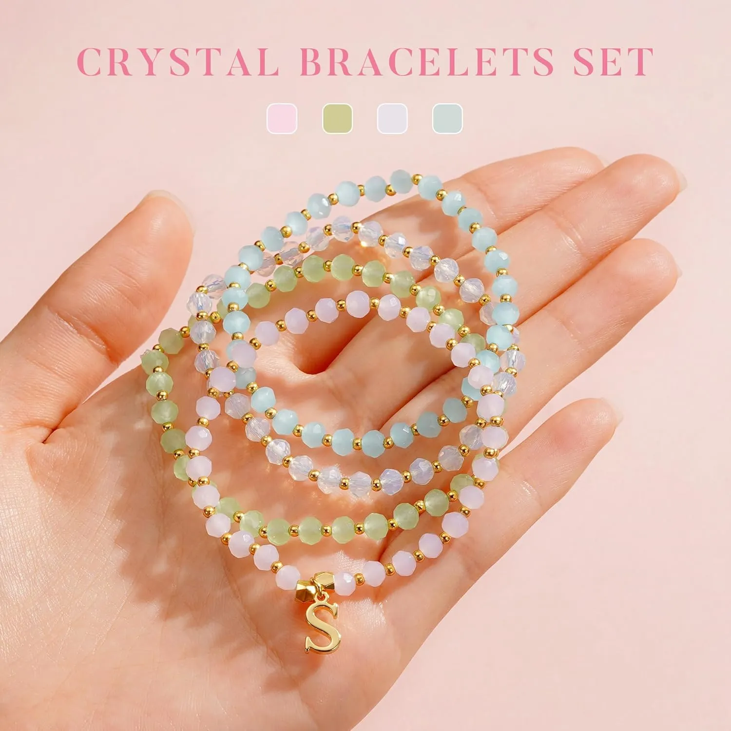 IEFWELL Initial Bracelets for Women - 4Pcs Crystle Bracelets Pink/Blue/White/Green Crystals Beaded Bracelet Dainty Small Jewelry, Colorful Letter A-Z Bracelet for Girls Teen Girls Kids Toddler