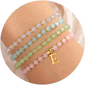 IEFWELL Initial Bracelets for Women - 4Pcs Crystle Bracelets Pink/Blue/White/Green Crystals Beaded Bracelet Dainty Small Jewelry, Colorful Letter A-Z Bracelet for Girls Teen Girls Kids Toddler