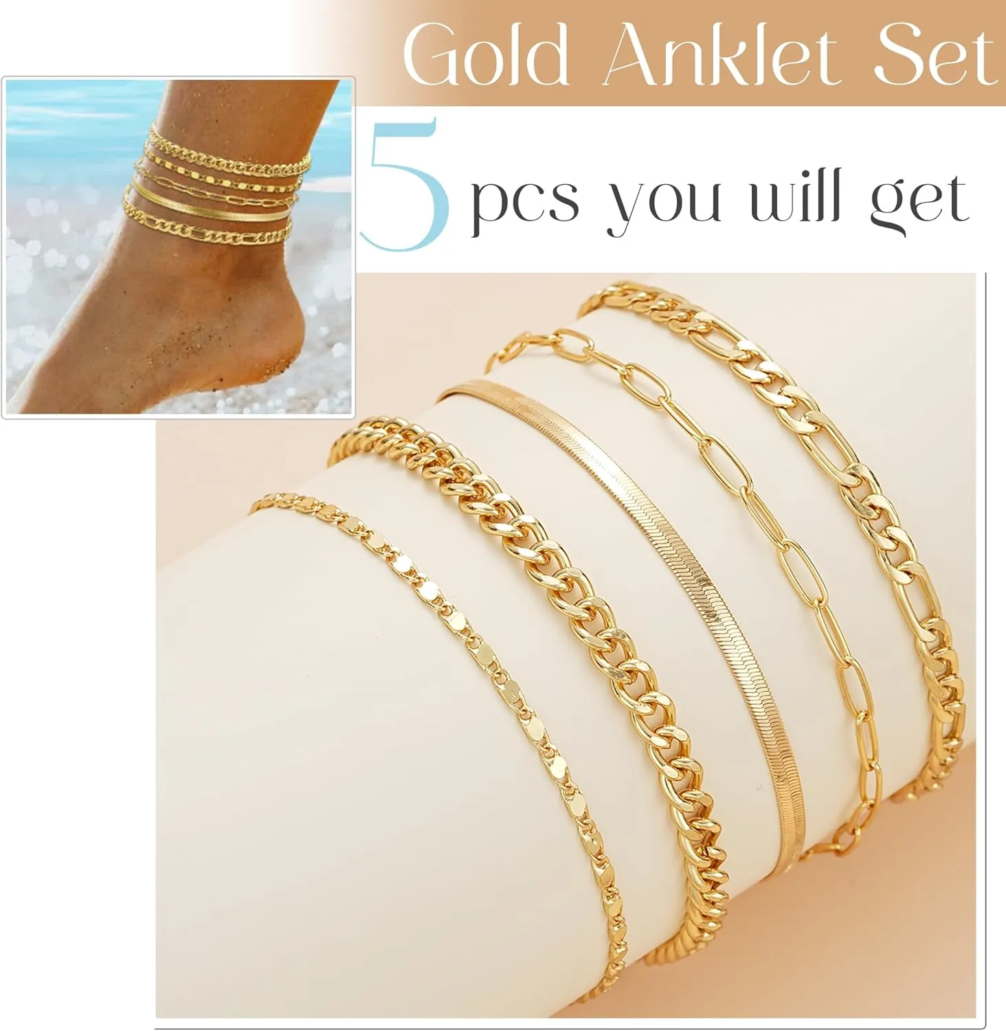 iF YOU Gold Ankle Bracelets for Women, 14k Gold Plated Waterproof Cuban Link Chain Anklets Set, Layered Anklet Bracelets for Women Beach Gift Adjustable Size 5pc