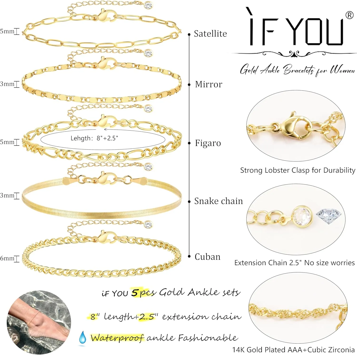 iF YOU Gold Ankle Bracelets for Women, 14k Gold Plated Waterproof Cuban Link Chain Anklets Set, Layered Anklet Bracelets for Women Beach Gift Adjustable Size 5pc