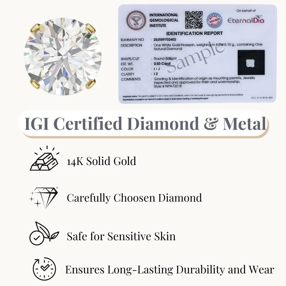 IGI Certified 14K Gold Diamond Nose Studs for Women Men | 20 Gauge Ball Diamond Nose Rings | 1.5mm, 1.7mm, 2mm Nose Piercing Studs | Body Piercing Jewelry in I-J Color, I2-I3 Clarity