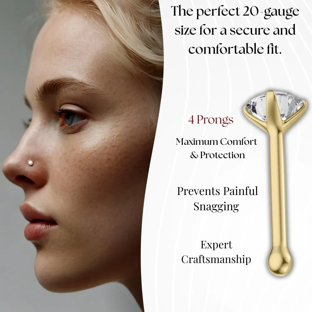 IGI Certified 14K Gold Diamond Nose Studs for Women Men | 20 Gauge Ball Diamond Nose Rings | 1.5mm, 1.7mm, 2mm Nose Piercing Studs | Body Piercing Jewelry in I-J Color, I2-I3 Clarity