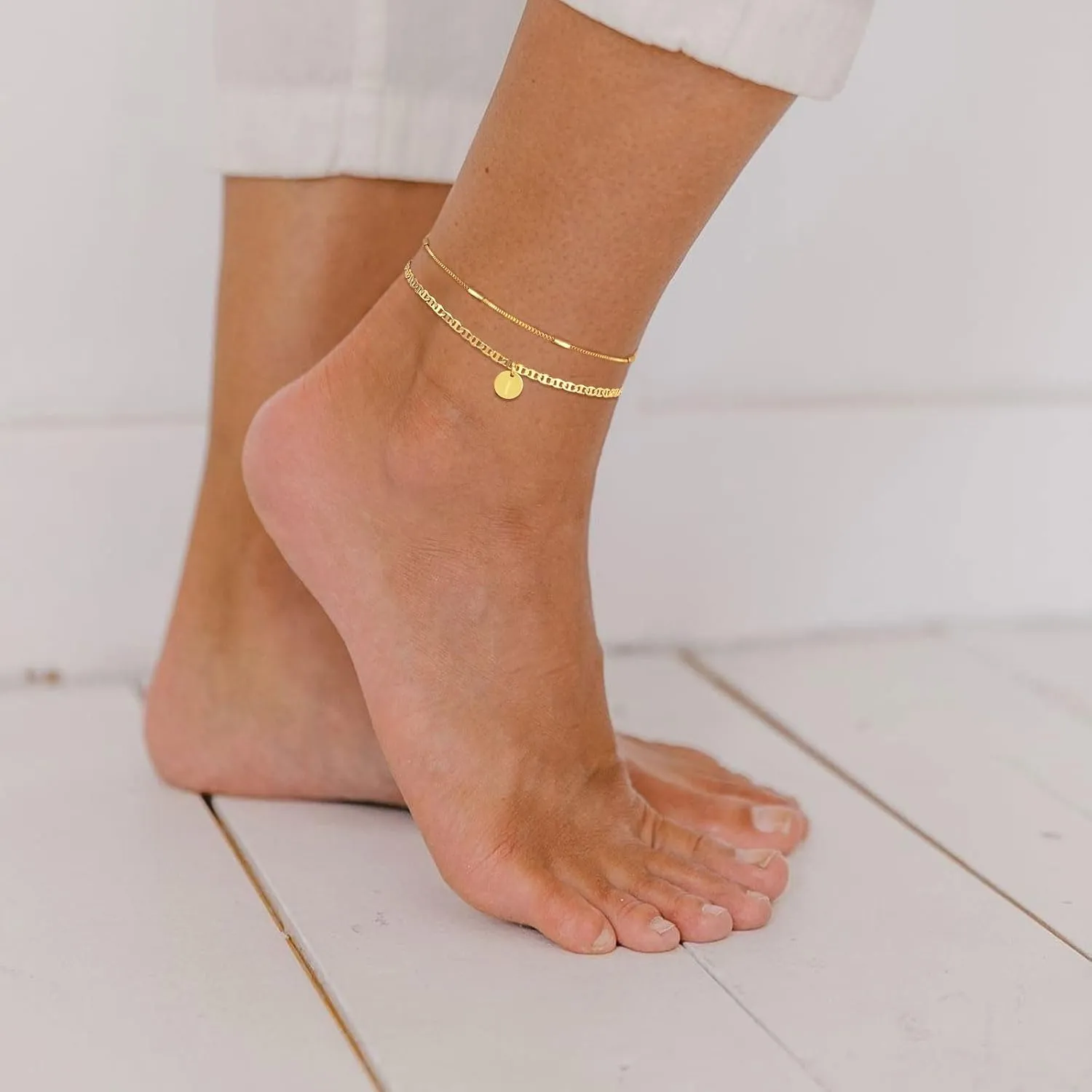 Initial Ankle Bracelets for Women 14K Gold Plated Dainty Layered Round Letter Anklets Beach Jewelry Gift