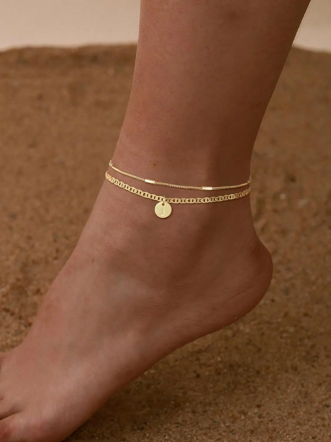 Initial Ankle Bracelets for Women 14K Gold Plated Dainty Layered Round Letter Anklets Beach Jewelry Gift