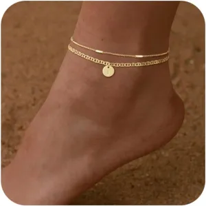 Initial Ankle Bracelets for Women 14K Gold Plated Dainty Layered Round Letter Anklets Beach Jewelry Gift