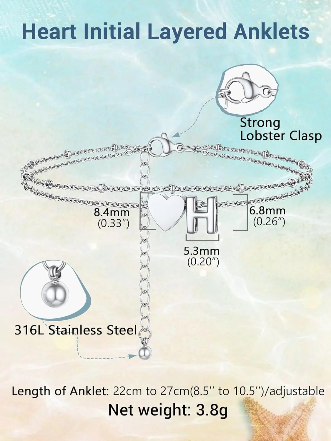 Initial Ankle Bracelets for Women, Dainty Stainless Steel Letter A-Z Layered Anklets, Heart Ankle Bracelet 8.5"-10.5" Adjustable, Summer Beach Jewelry, Come with Box