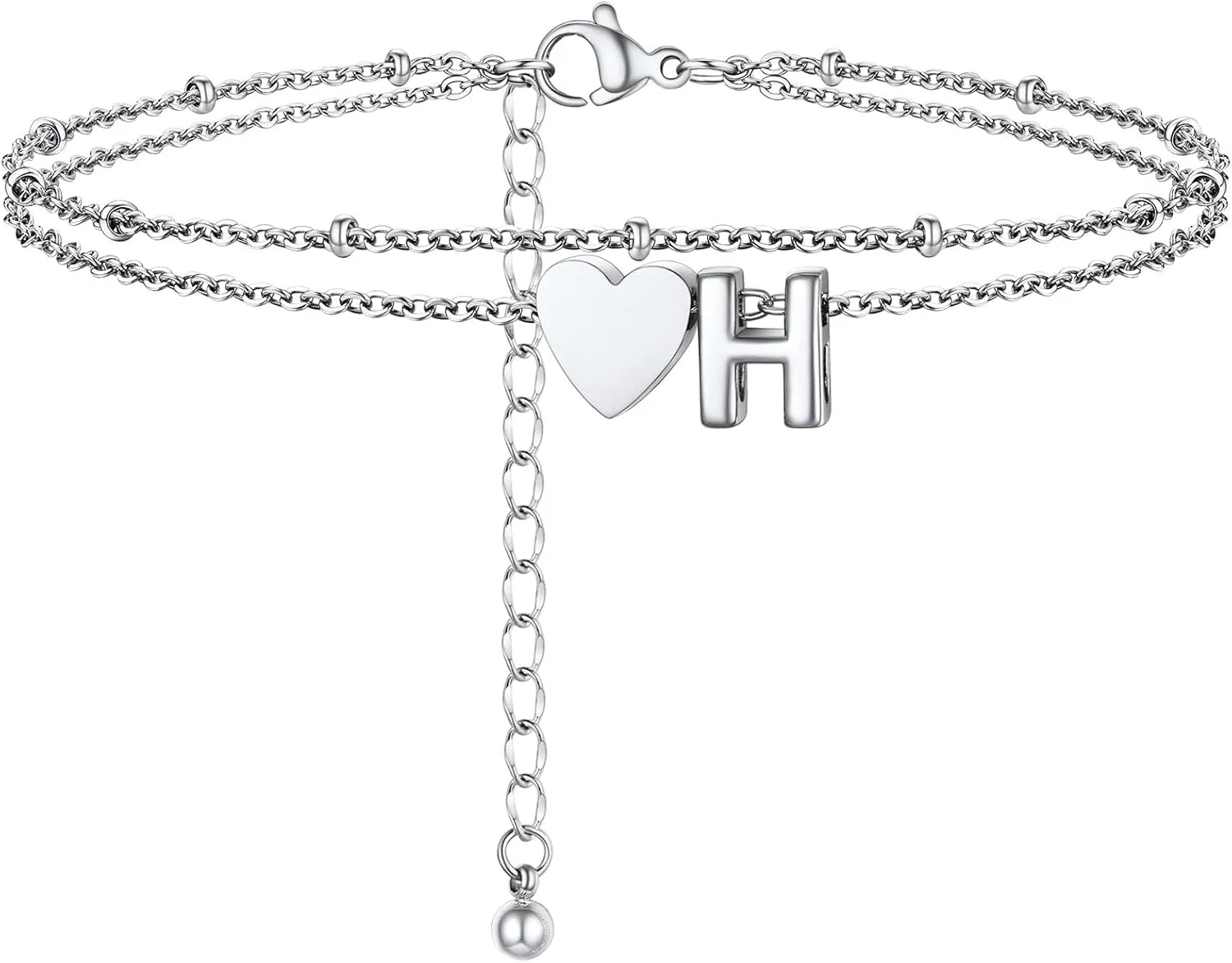 Initial Ankle Bracelets for Women, Dainty Stainless Steel Letter A-Z Layered Anklets, Heart Ankle Bracelet 8.5"-10.5" Adjustable, Summer Beach Jewelry, Come with Box