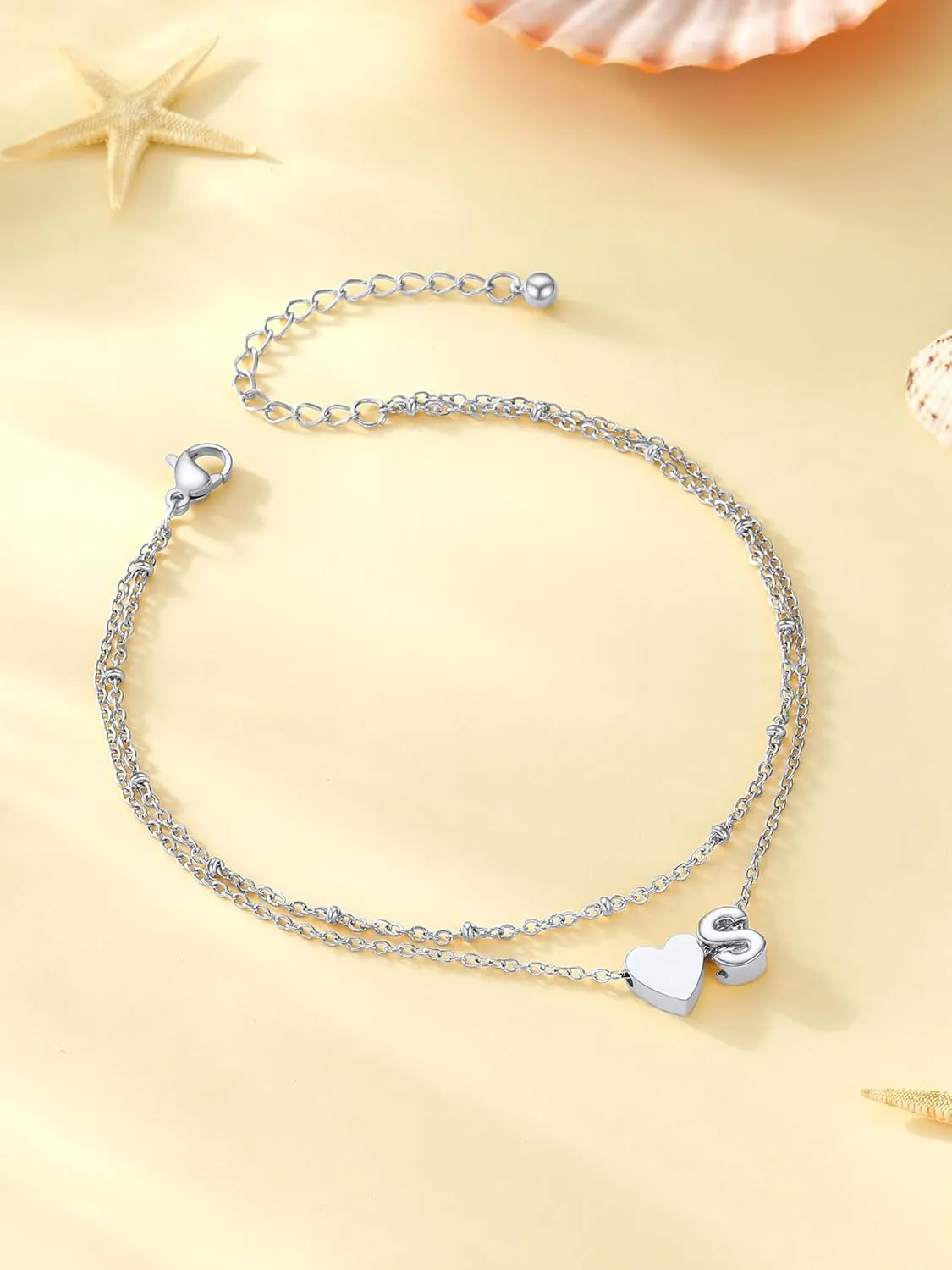 Initial Ankle Bracelets for Women, Dainty Stainless Steel Letter A-Z Layered Anklets, Heart Ankle Bracelet 8.5"-10.5" Adjustable, Summer Beach Jewelry, Come with Box